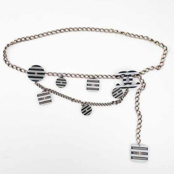 CHANEL 2005 CC Chain Belt Necklace Black and White Stripe Resin Charms Logo - Picture 4 of 16